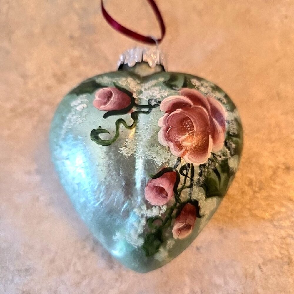 Heart Ornament Green with Burgundy Roses Vtg 1993 Signed Hand Painted Puffy